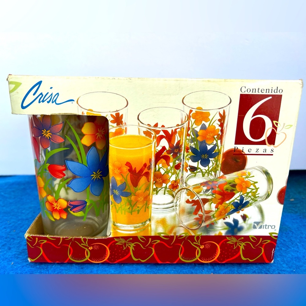 Vintage NIB Crisa Contenido Floral 10oz Tumbler Glasses Set of 6